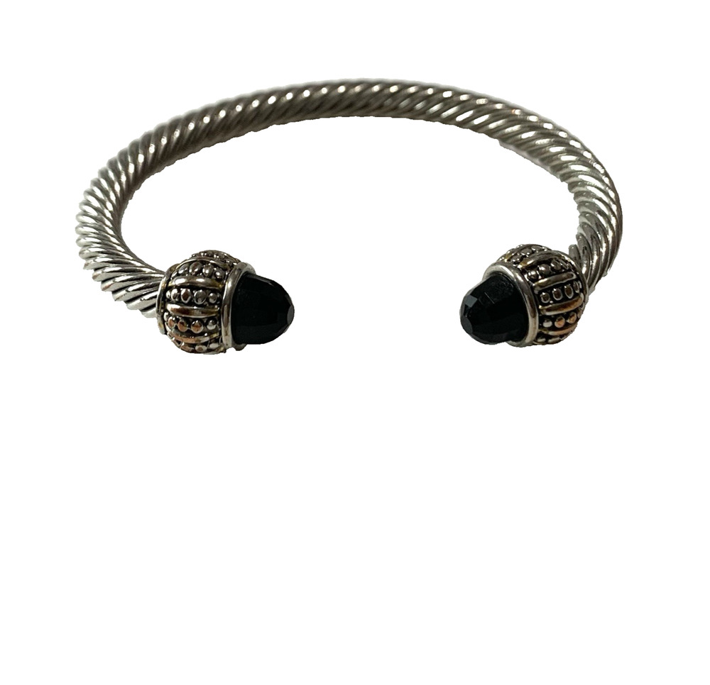 Black Cabochon Tip Silver Tone & Copper Cable Twist Cuff Bracelet Byzantine 6"